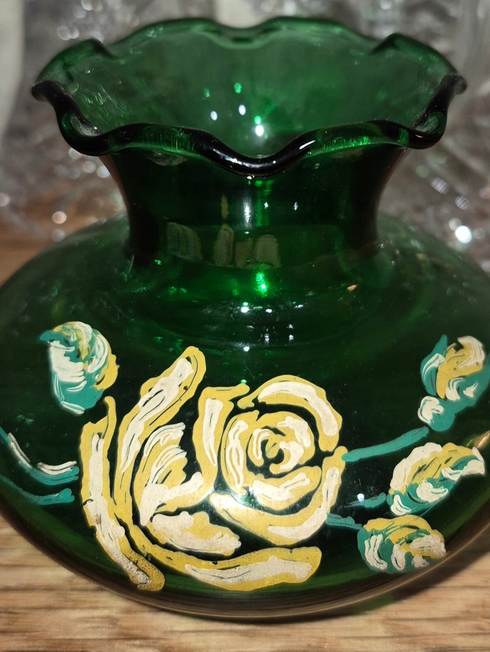 Vintage green Anchor Hocking ruffled edge bud vase with hand-painted floral
